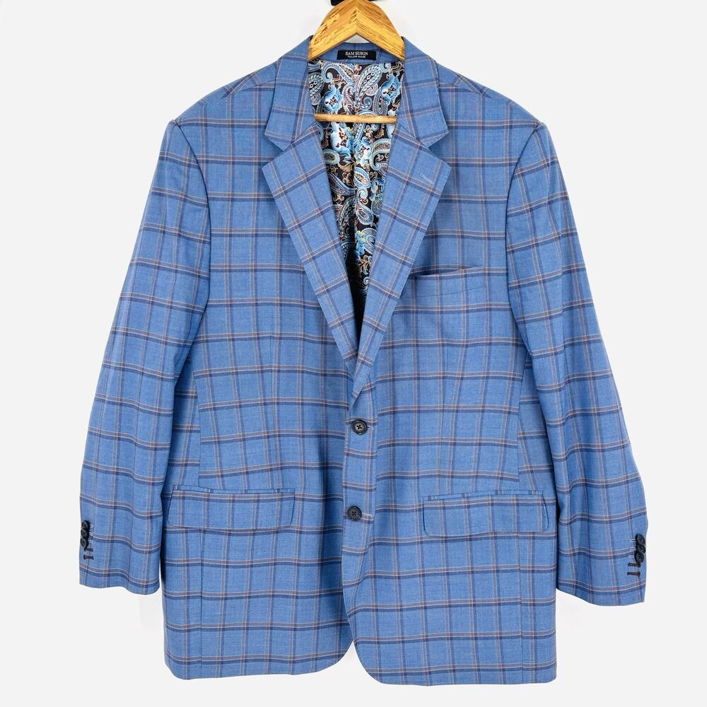 Sam Surin Blazer Jacket 2 Button Blue Plaid Size 50L Biella Italy Wool Fabric